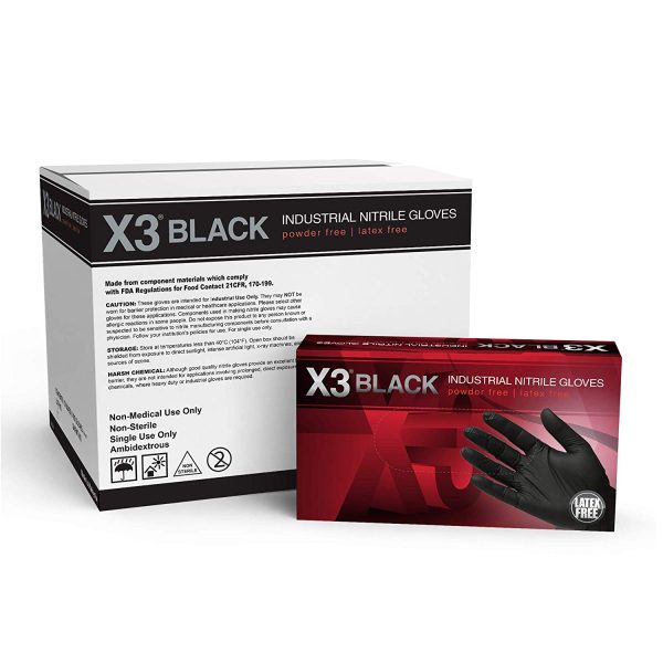 Ammex X3 Industrial Black Nitrile Gloves - 3 mil, Latex Free, Powder Free, Textured, Disposable, Medium, BX344100-BX, Box of 1000